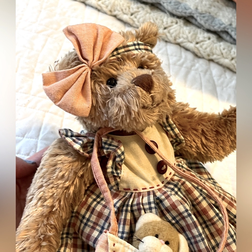 Vintage Delton Products collectible plush bear with pink bow & plaid dress - Picture 7 of 7